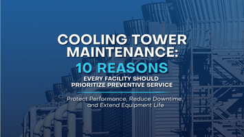 “Large industrial cooling tower system with multiple fan cells, piping, access platforms, and structural components under a clear blue sky.”