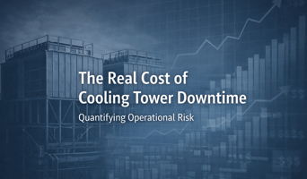 Industrial cooling towers with financial growth chart overlay representing the real cost of cooling tower downtime and operational risk.
