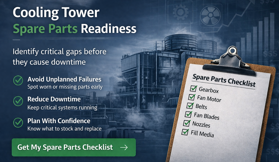 Cooling tower spare parts readiness checklist with gearbox, fan motor, belts, fan blades, nozzles, and fill media to prevent downtime
