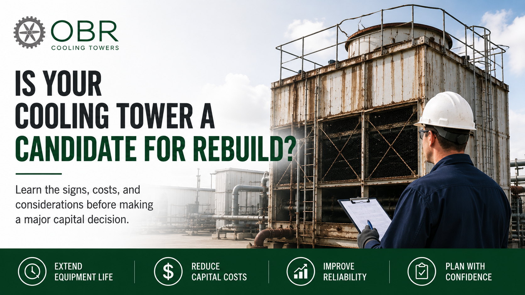 Facility technician inspecting an aging cooling tower to evaluate whether the system is a candidate for repair or rebuild instead of replacement.