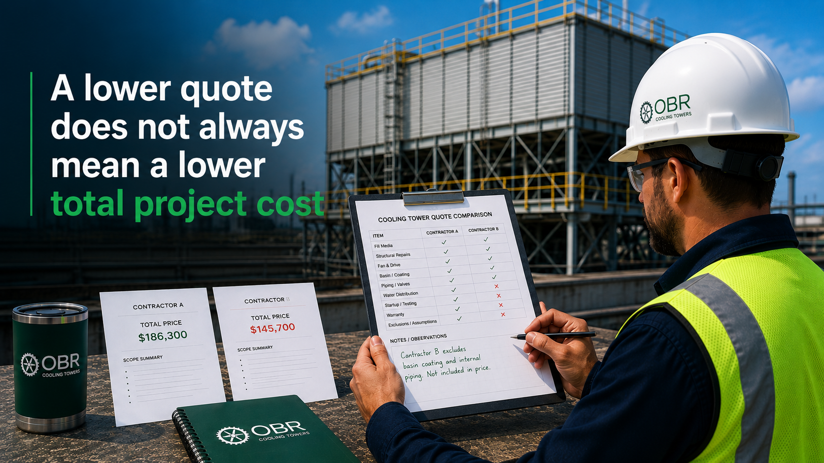 Industrial facility manager reviewing cooling tower quote comparisons and project scope details onsite with overlay text reading “A lower quote does not always mean a lower total project cost” and OBR Cooling Towers branding visible throughout the image.