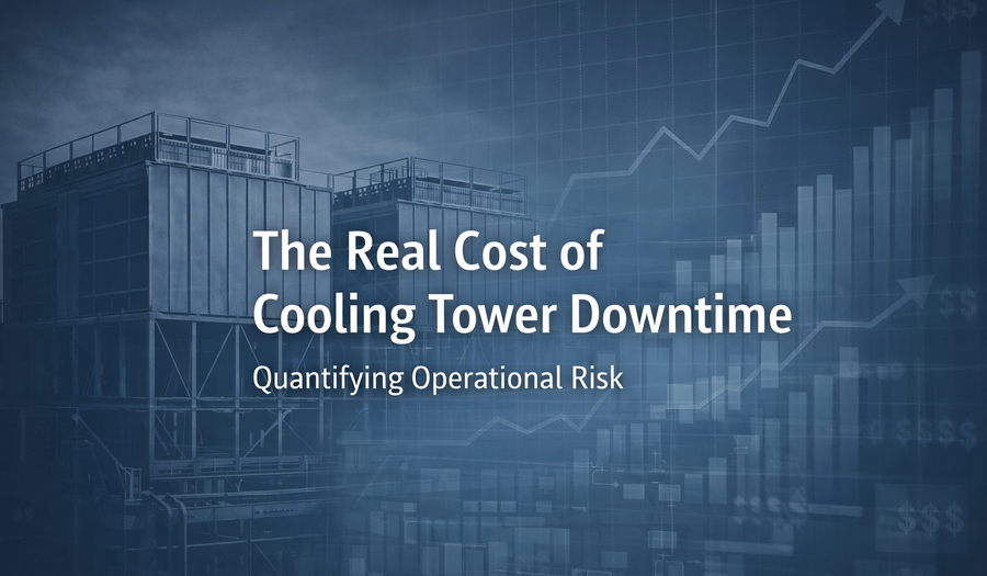Industrial cooling towers with financial growth chart overlay representing the real cost of cooling tower downtime and operational risk.
